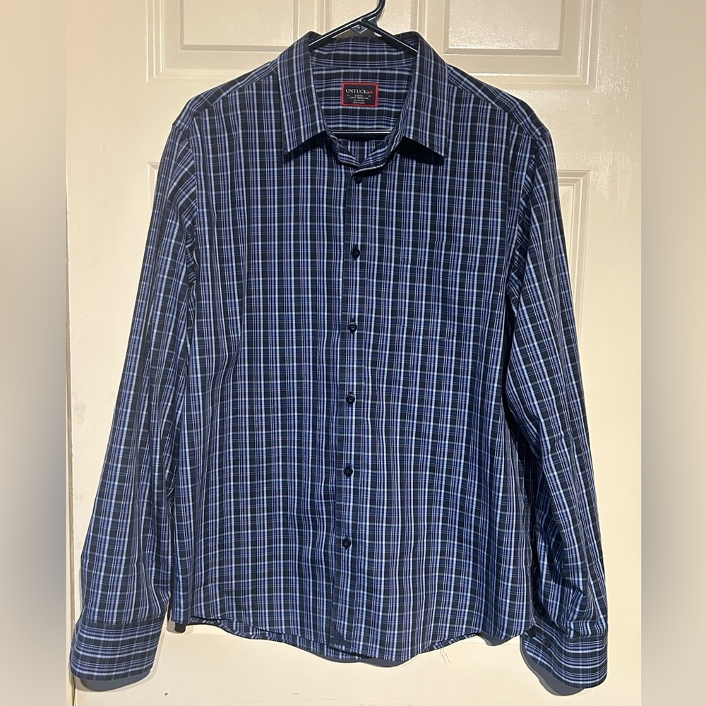UNTUCKit Mens Large Wrinkle Free Black Blue Plaid Button Up Slim Fit Cotton